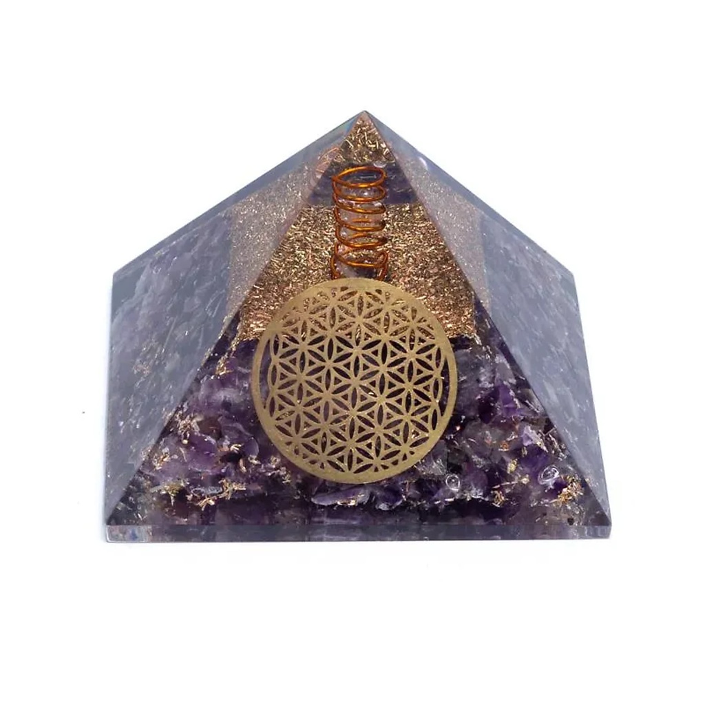 [8720512976755] Orgonite Pyramide améthyste fleur de vie | 7x7x6 cm