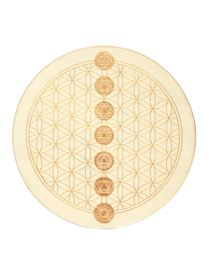 Socle de rechargement en bois Fleur de Vie et Chakras gravés 20 cm
