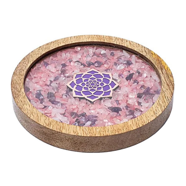 Sous verre bois lotus, quartz rose et améthyste