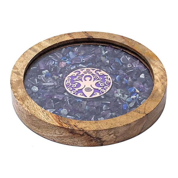 Sous verre bois déesses améthyste et lapis