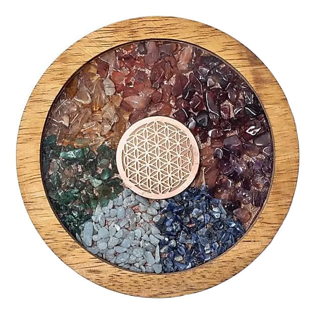 Sous verre bois chakras et fleur de vie