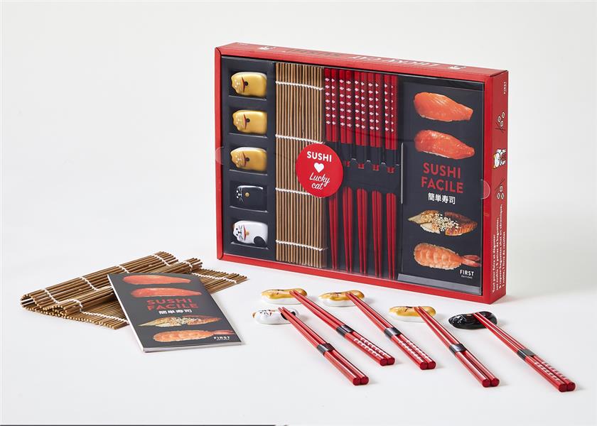 [épuisé] Lucky cat sushis - Coffret avec 1 natte en bambou, 5 paires de baguettes, 5 repose-baguettes et 1 livre de recettes