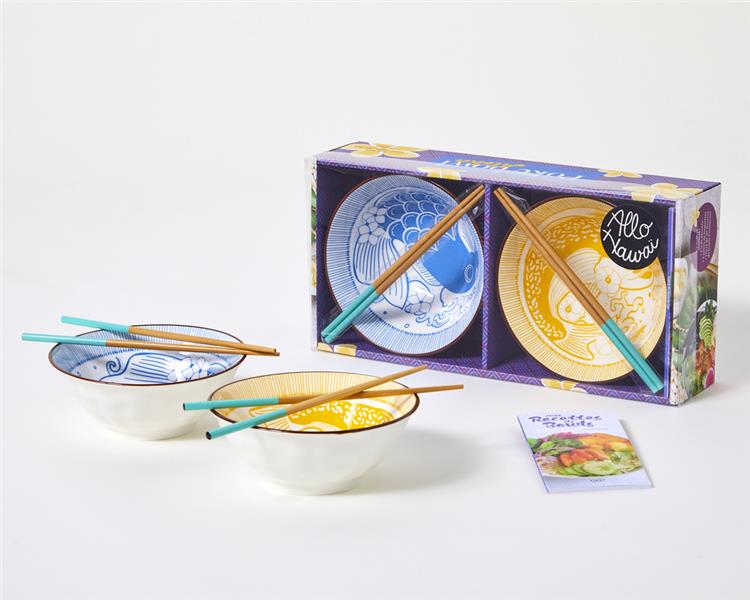 Coffret Poke Bowl Aloha - Avec 2 bols, 2 paires de baguettes et 1 livre de recettes