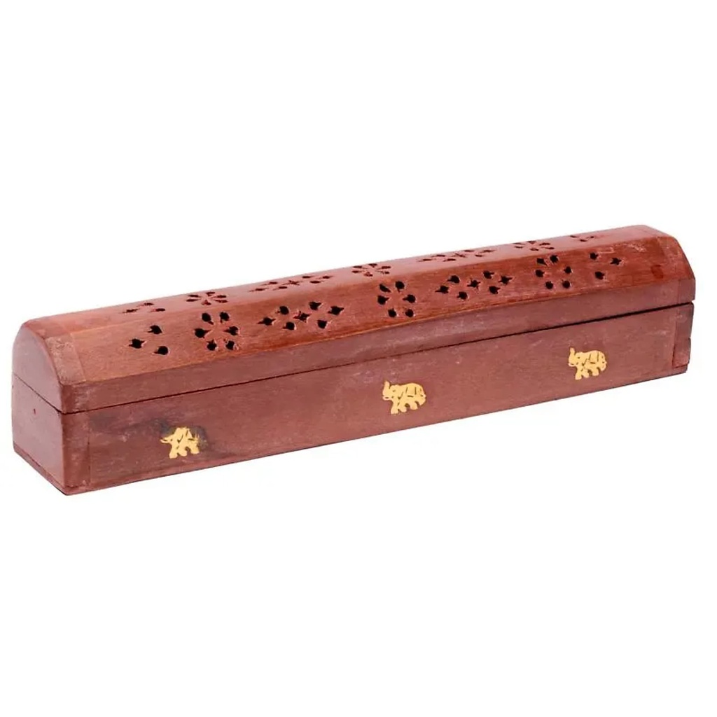 Boîte brûle encens en bois et éléphants métal | 30 cm
