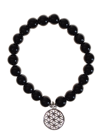 Bracelet Obsidienne noire perles rondes 8 mm et breloque Fleur de vie