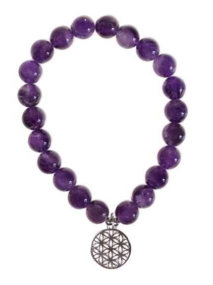 Bracelet Améthyste perles rondes 8 mm et breloque Fleur de vie