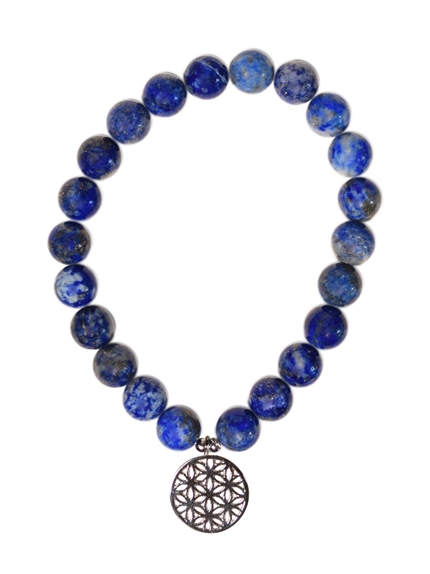 Bracelet Lapis-lazuli perles rondes 8 mm et breloque Fleur de vie