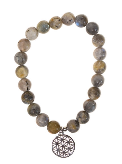 Bracelet Labradorite perles rondes 8 mm et breloque Fleur de vie
