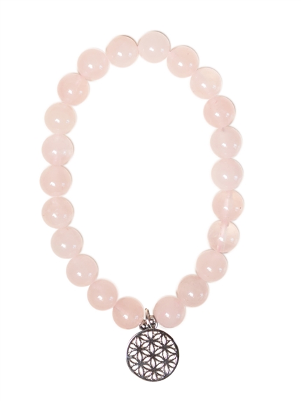 Bracelet Quartz rose perles rondes 8 mm et breloque Fleur de vie