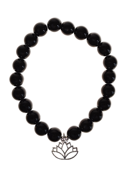 Bracelet Obsidienne noire perles rondes 8 mm et breloque Lotus