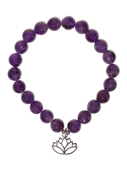 Bracelet Améthyste perles rondes 8 mm et breloque Lotus