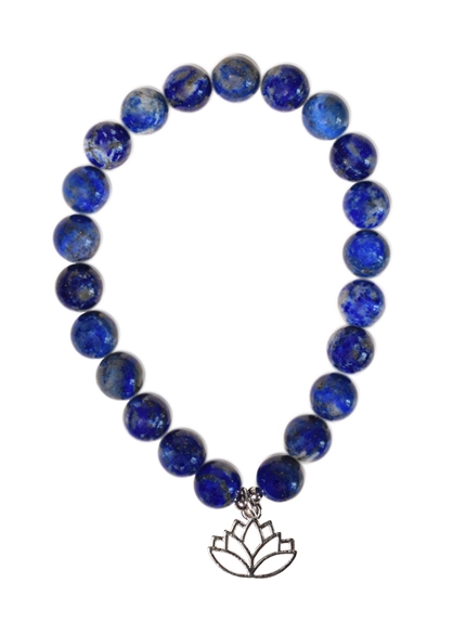 Bracelet Lapis-lazuli perles rondes 8 mm et breloque Lotus