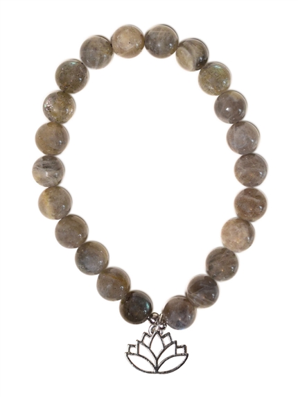 Bracelet Labradorite perles rondes 8 mm et breloque Lotus