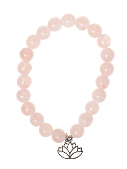 Bracelet Quartz rose perles rondes 8 mm et breloque Lotus