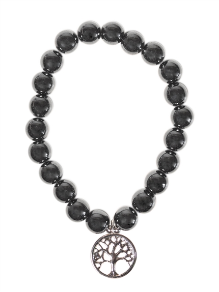 [3660341749937] Bracelet Hématite perles rondes 8 mm et breloque Arbre de vie