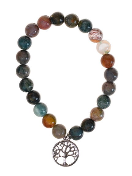 Bracelet Agate multicolore perles rondes 8 mm et breloque Arbre de vie