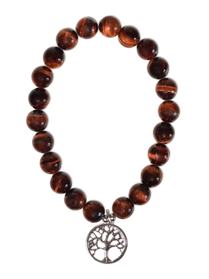 Bracelet Oeil de taureau perles rondes 8 mm et breloque Arbre de vie