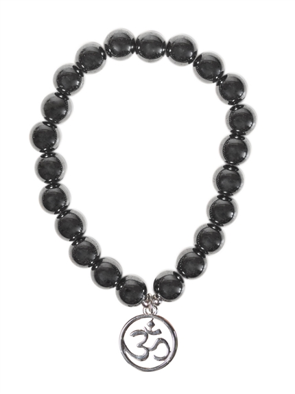Bracelet Hématite perles rondes 8 mm et breloque Om