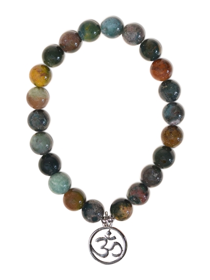Bracelet Agate multicolore perles rondes 8 mm et breloque Om