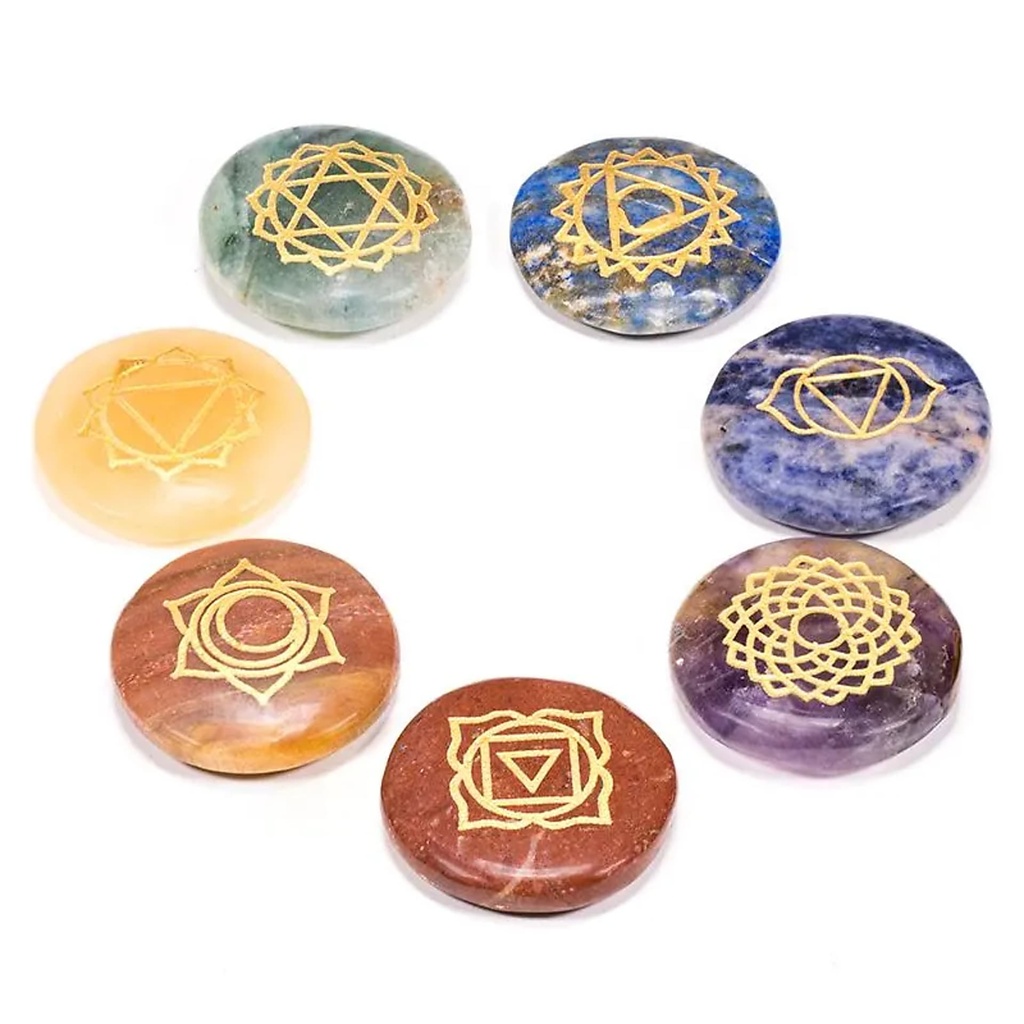 SET 7 Pierres dures rondes plates symboles chakra | ± 3 cm