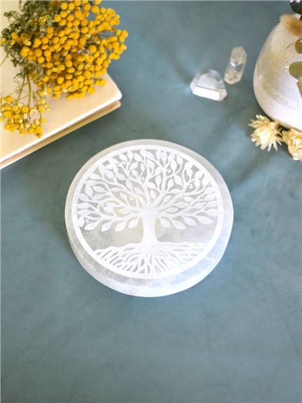 Socle en Sélénite gravé Arbre de Vie 14 cm