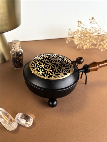 Brûle-encens en métal et bois - Fleur de vie