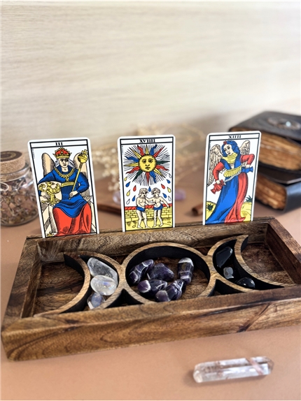 Support en bois et porte-carte de Tarot Triple Lune - Naturel