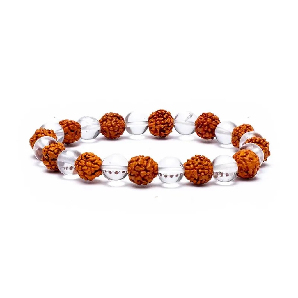 Bracelet Rudraksha / cristal de roche élastiqué | 0.8 cm;8 cm