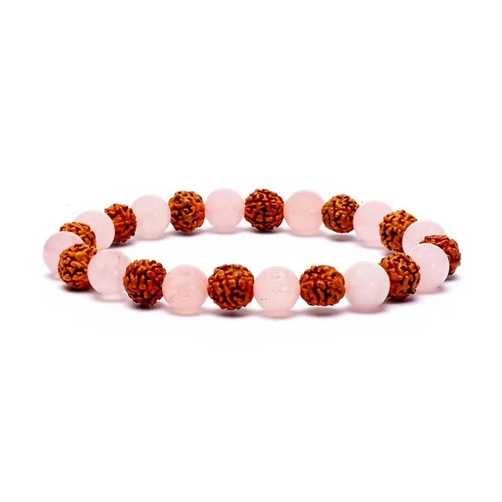 Bracelet Rudraksha / Quartz Rose élastiqué  | 0.8 cm;8 cm