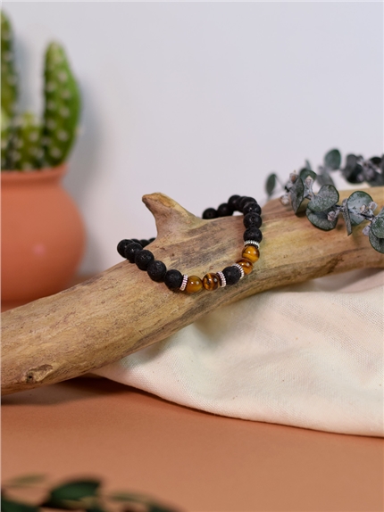 Bracelet perles rondes Oeil de tigre et Pierre de lave