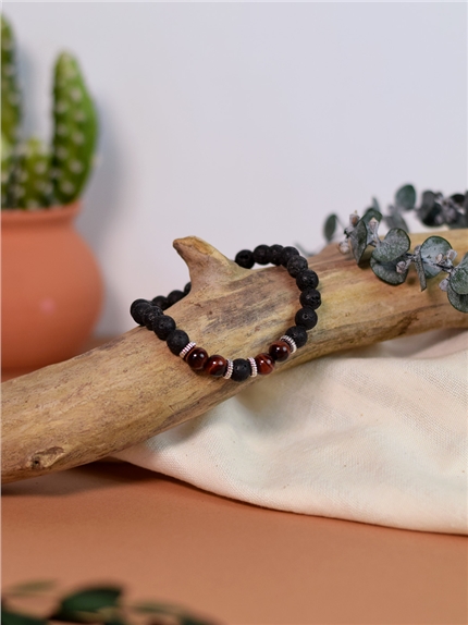 Bracelet perles rondes Oeil de taureau et Pierre de lave