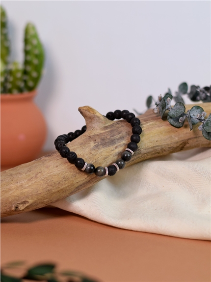 Bracelet perles rondes Oeil de faucon et Pierre de lave