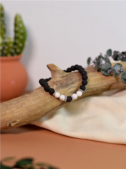 Bracelet perles rondes Magnésite et Pierre de lave