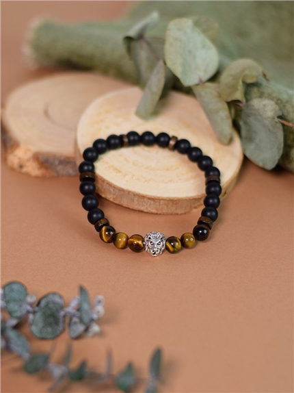 Bracelet perles rondes charms Tête de lion Oeil de tigre Obsidienne noire matte
