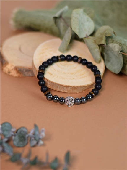 Bracelet perles rondes charms Tête de lion Hématite Obsidienne noire matte