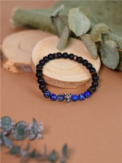 Bracelet perles rondes charms Tête de loup Lapis-lazuli Obsidienne noire matte