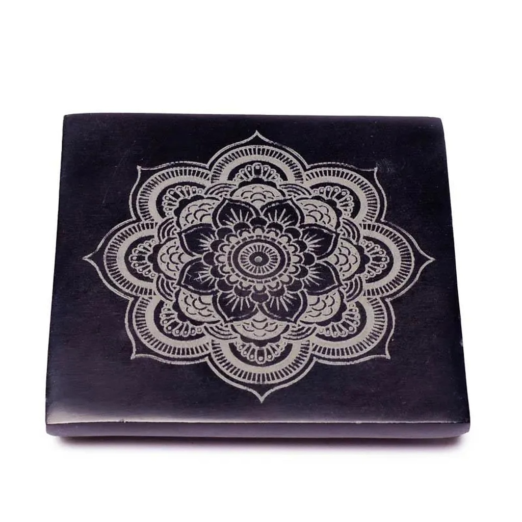 Brûle encens en pierre à savon noire Mandala | 10.5 cm
