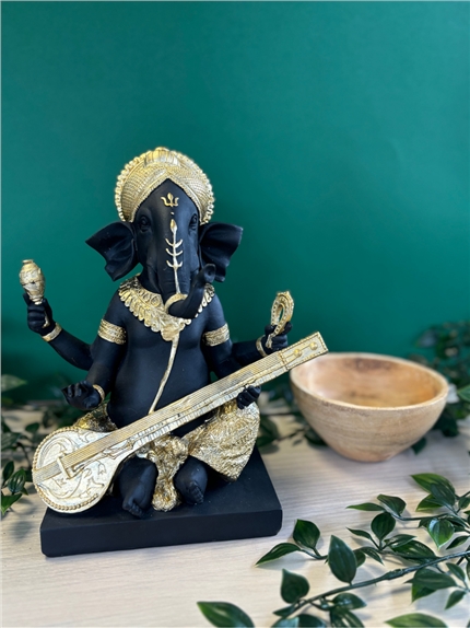 [3660341762769] Statuette Ganesh avec Sitar 24 cm en Résine - Doré