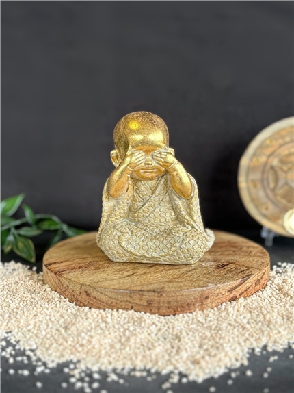 Statuette Moine de la Sagesse - Ne vois pas - 10 cm - Résine - Doré