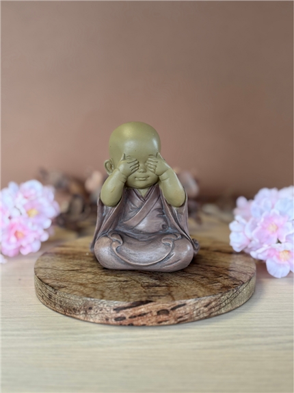 [3660341762288] Statuette Moine de la Sagesse - Ne vois pas - 10 cm - Résine - Rouge