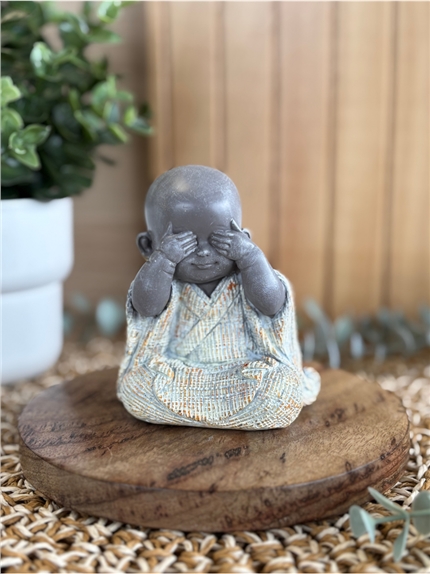 Statuette Moine de la Sagesse - Ne vois pas - 10 cm - Résine - Gris