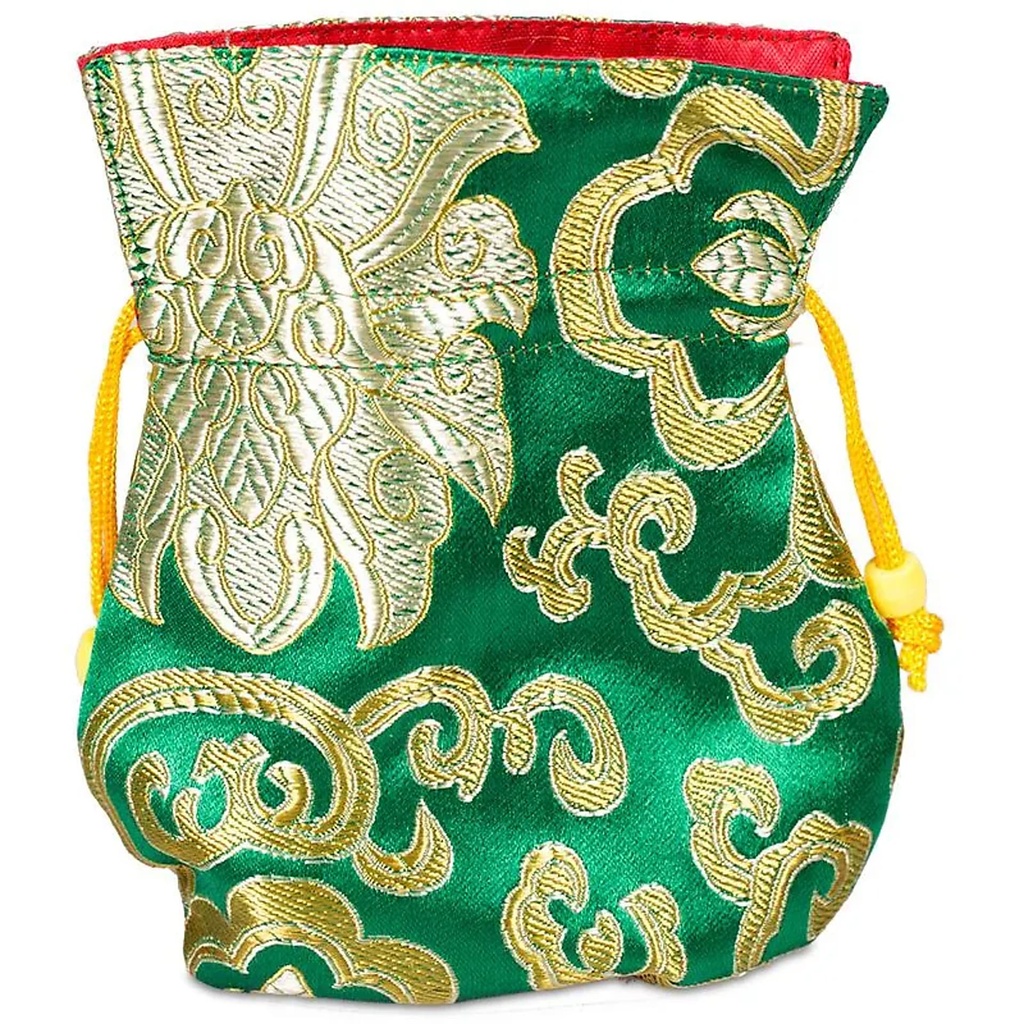Bourse lotus brocart vert doublée | 10X14 cm