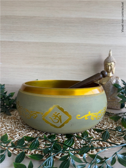 Bol Chantant Tibétain Aluminium Vert Bouddha env 20 cm
