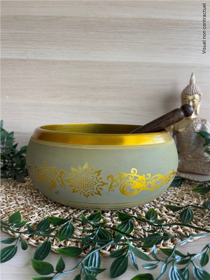 Bol Chantant Tibétain Aluminium Vert Bouddha env 25 cm
