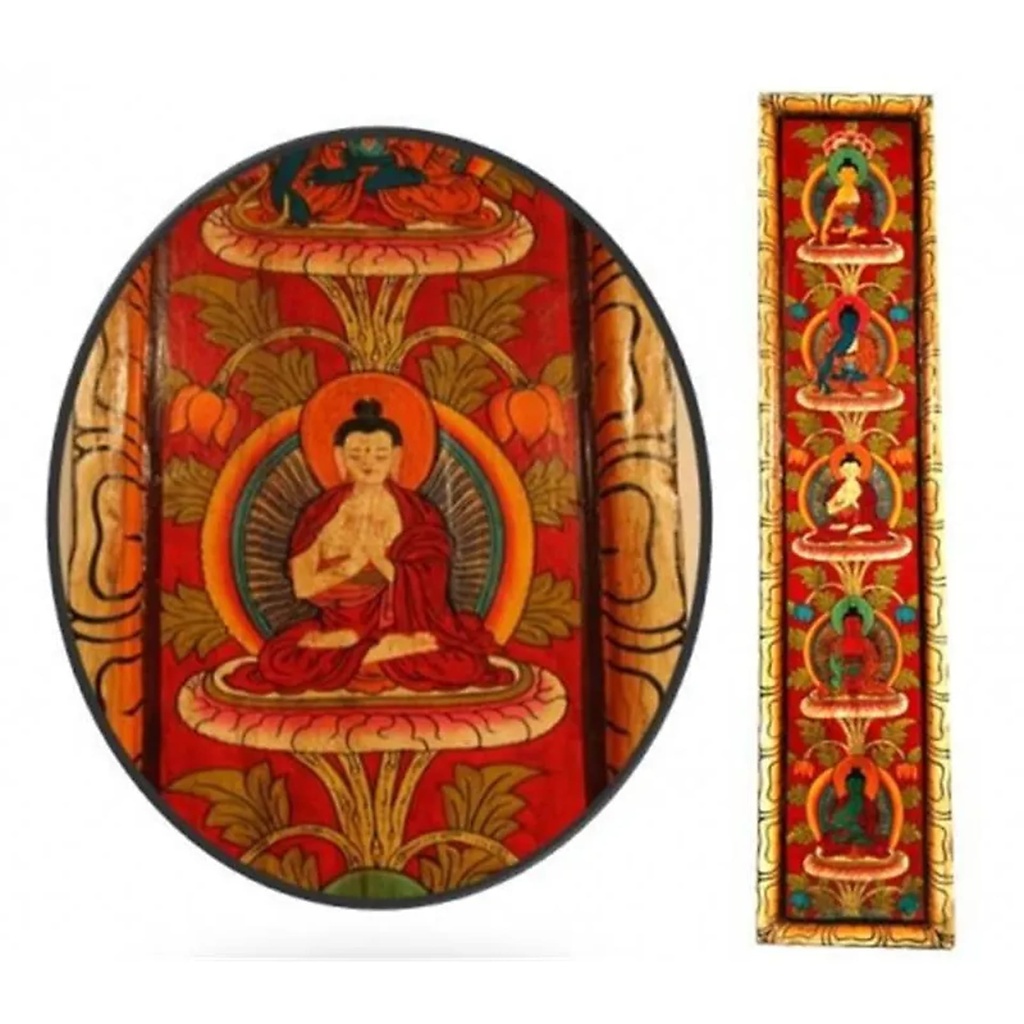 5 Bouddha panneau peint à la main - fond rouge | 91x20 cm