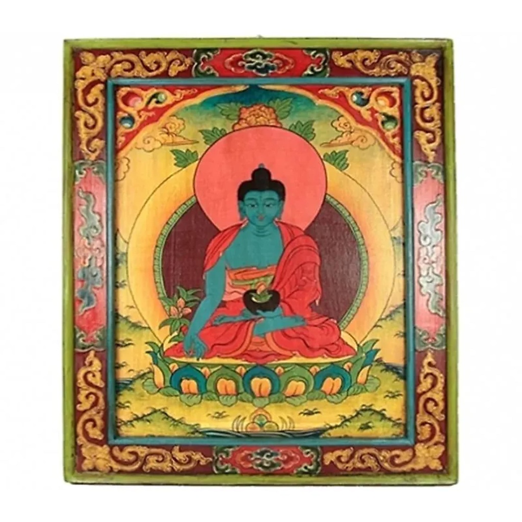 [8718969173254] Bouddha Médecine thangka bois peint main | 66x52 cm