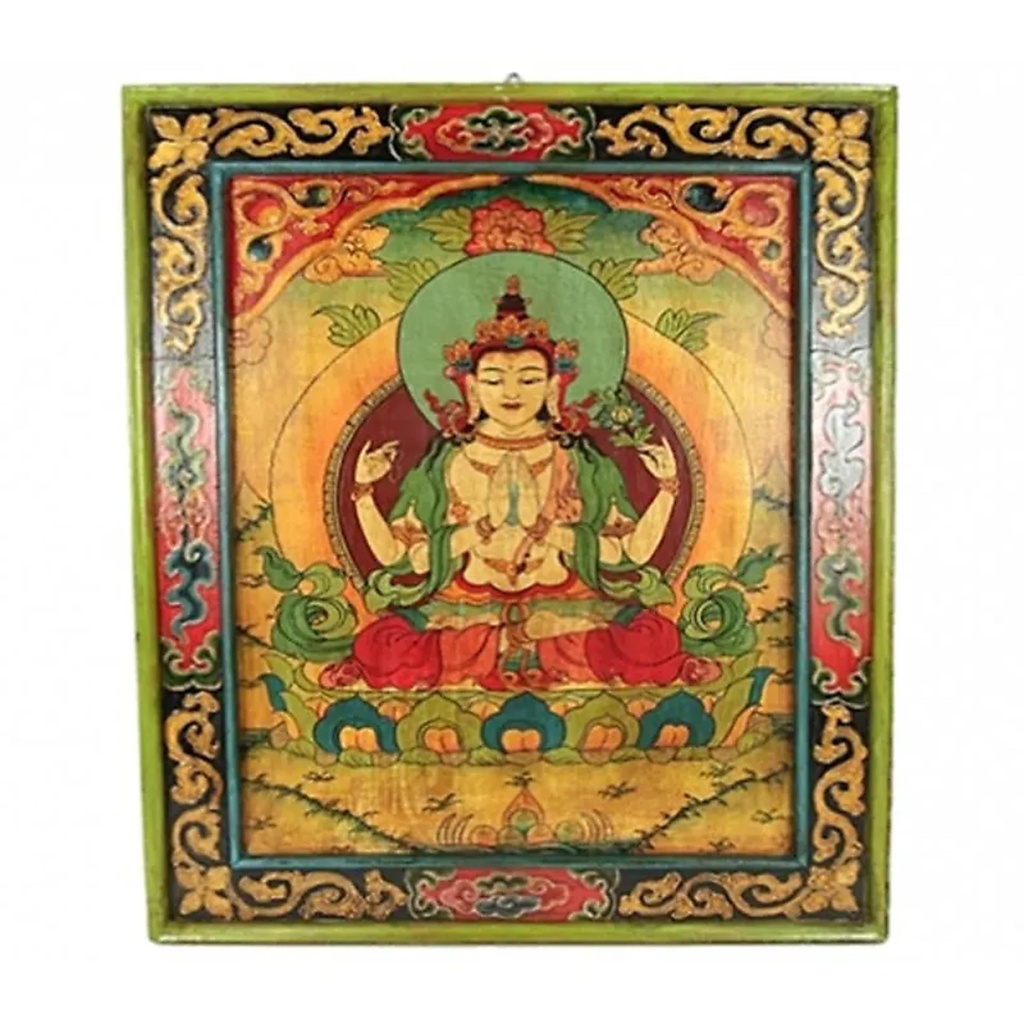 Chenrezig thangka bois peint à la main | 66x52 cm