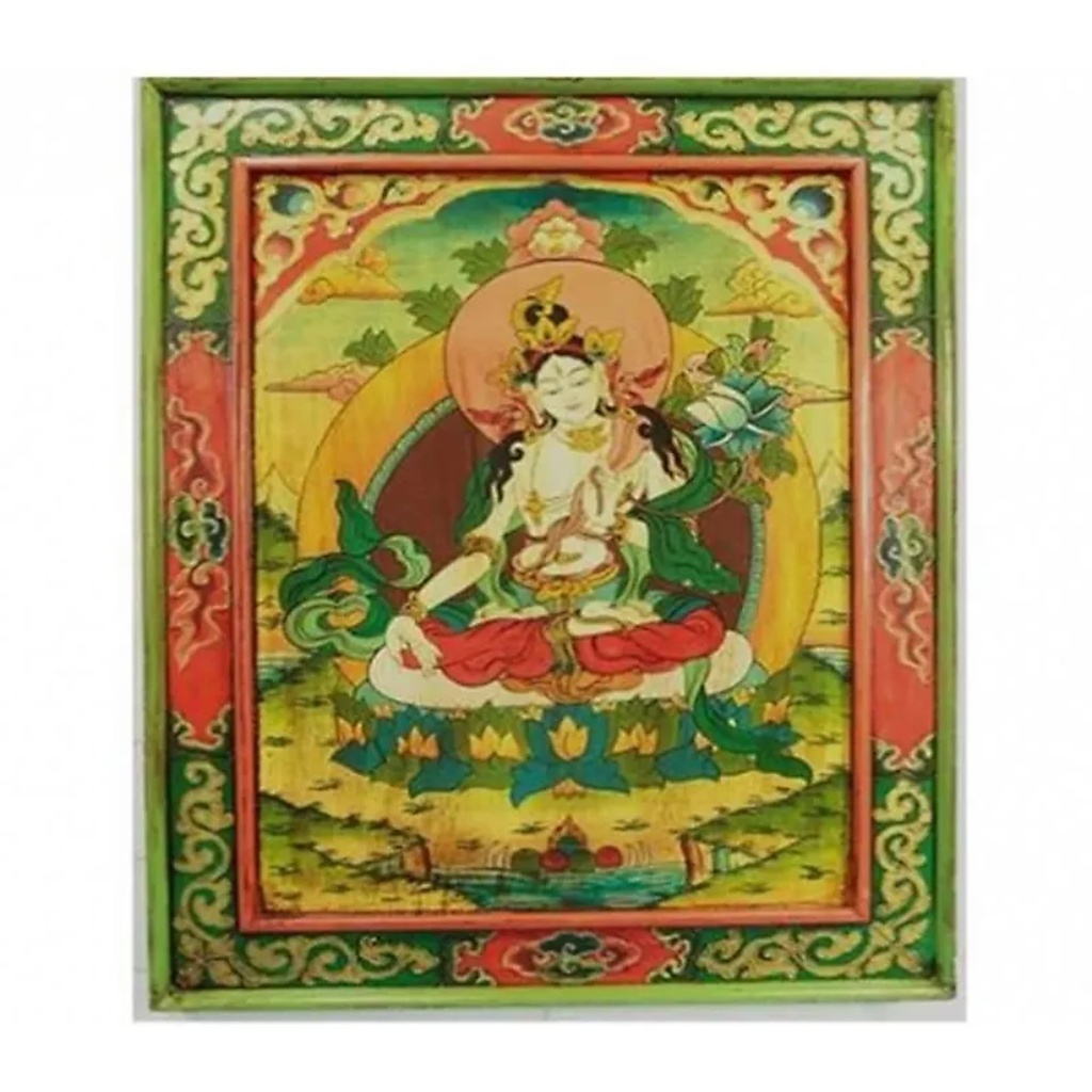 Tara blanche thangka bois peint à main | 66x52 cm