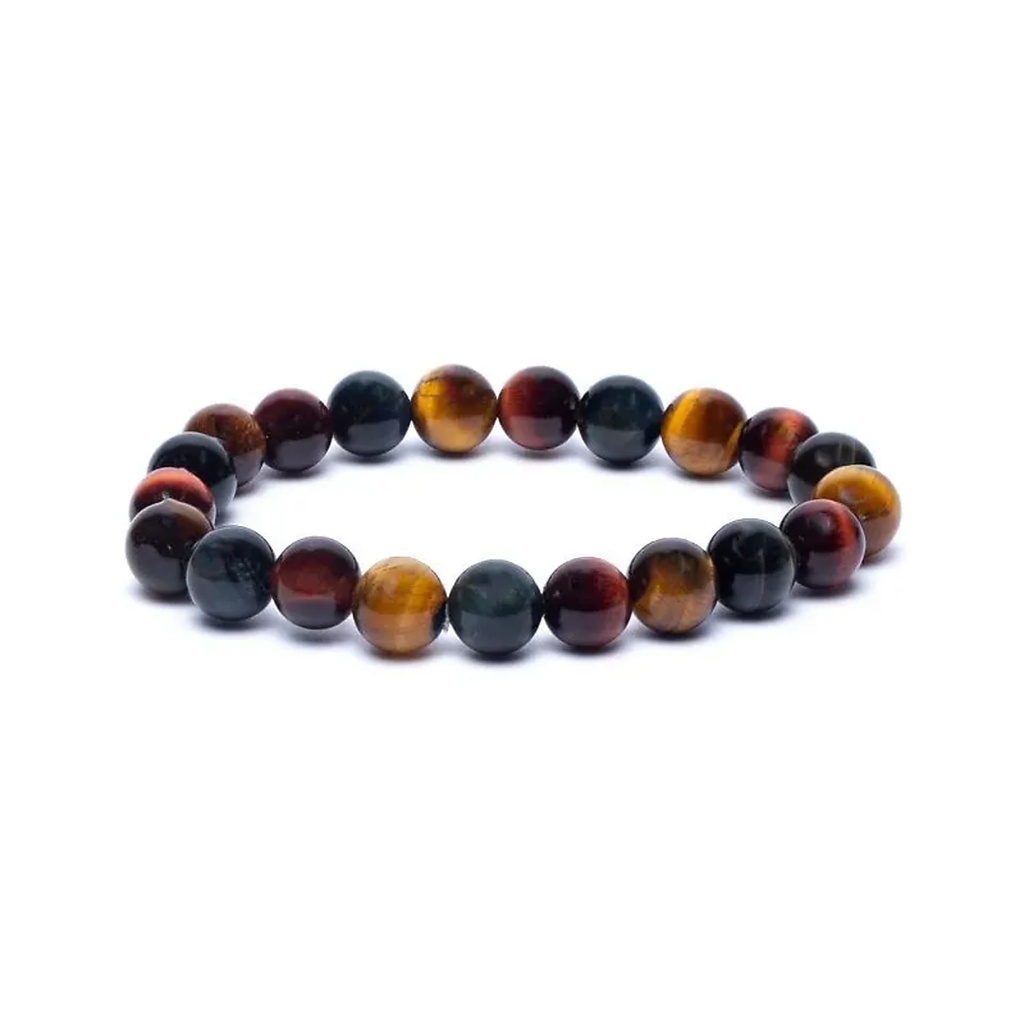 Bracelet élastique triple oeil de tigre (rouge/orange/bleu)  -- 8mm