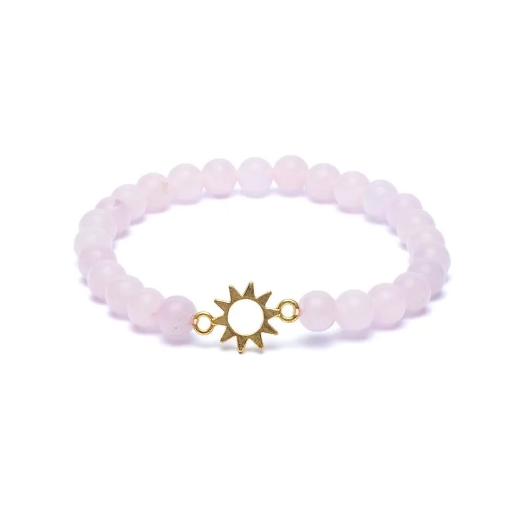 Bracelet élastique breloque soleil quartz rose perles -- 6mm
